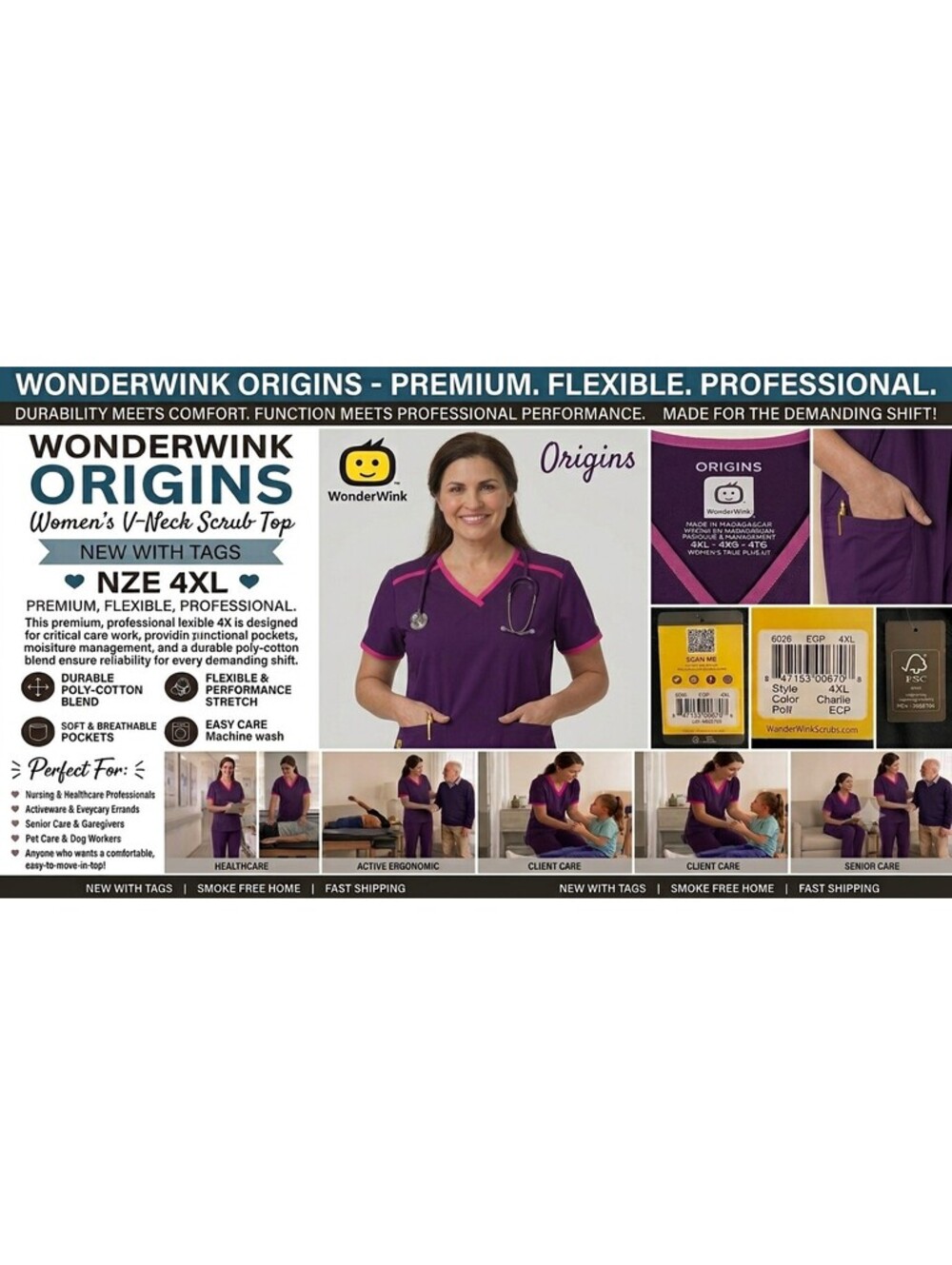 WonderWink Origins Scrub Top Womens 4XL Dark Purple With Pink Y-Neck Pockets